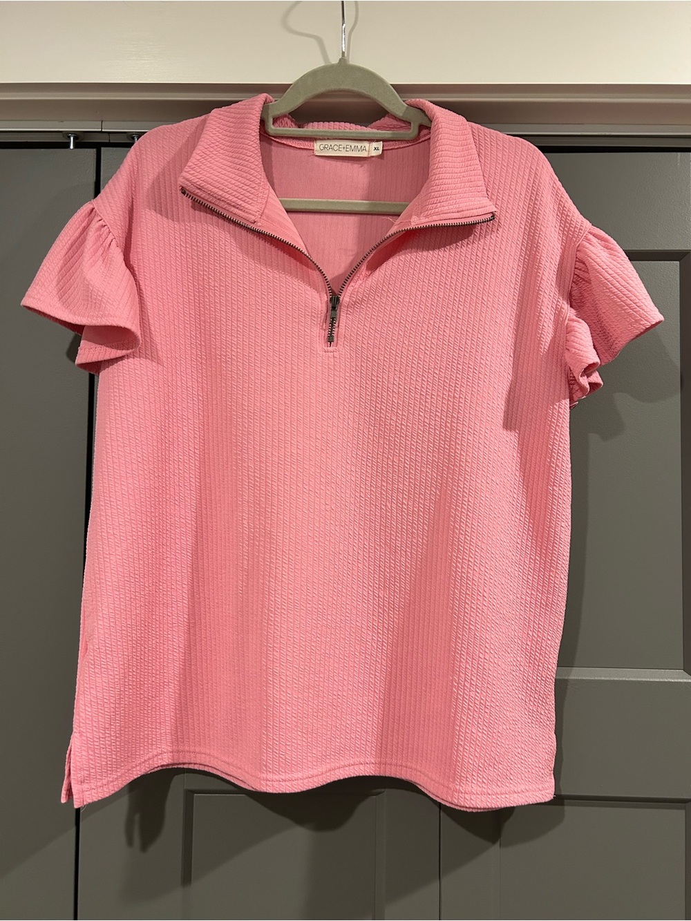 Grace & Emma Pink Short Sleeve Zip Collar Top
